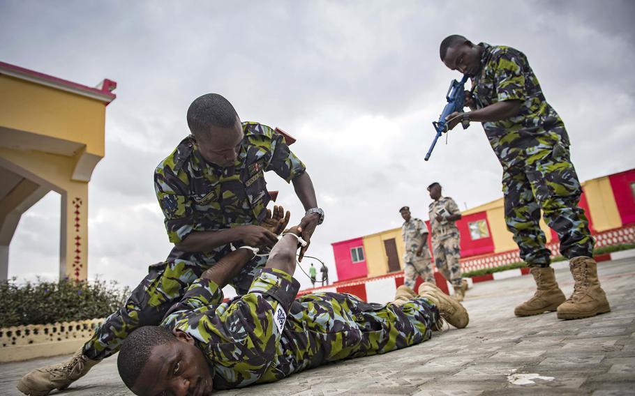 Sailors from the Kenyan navy participate in visit, board, search and seizure training during exercise Cutlass Express 2019 in Djibouti, Jan. 30, 2019.