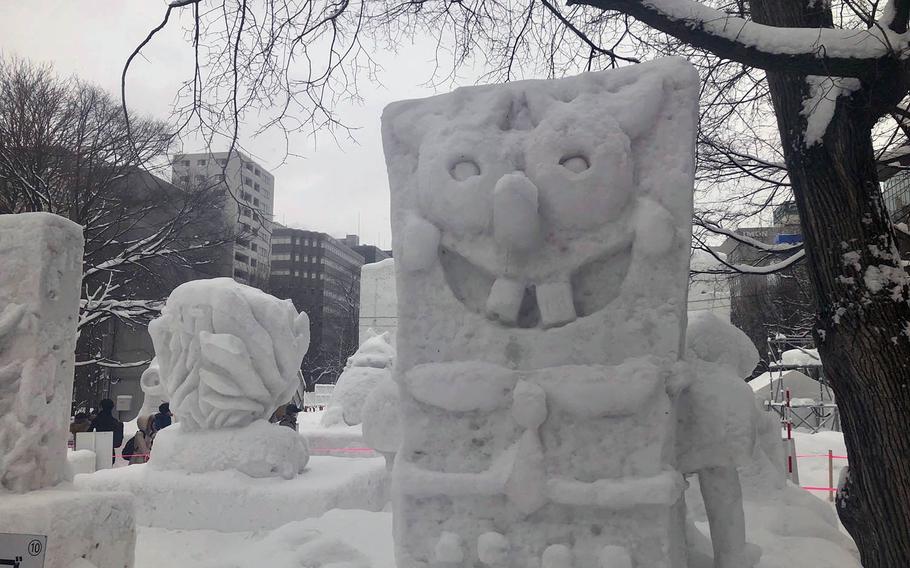 Sculptures at the 2019 Sapporo Snow Festival on Thursday, Feb. 7, included a 6-foot snow carving of Spongebob Squarepants.
