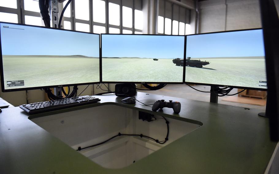 Computer screens lining one of the turrets of the Stryker Virtual Collective Trainers at Vilseck, Germany, Thursday, Feb. 7, 2019.