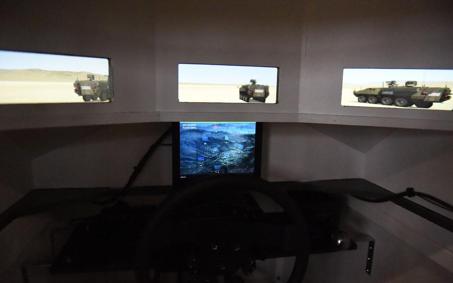 The view from the driver's seat in a Stryker Virtual Collective Trainer at Vilseck, Germany, Thursday, Feb. 7, 2019.