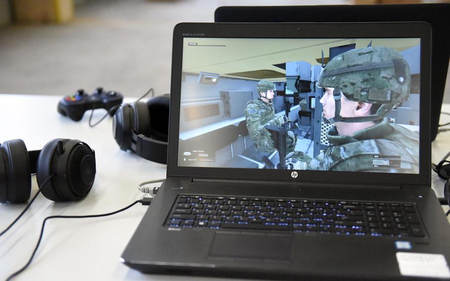 A laptop with the tactical game a soldier might see while acting as a dismount inside one of the Stryker Virtual Collective Trainers at Vilseck, Germany, Thursday, Feb. 7, 2019.