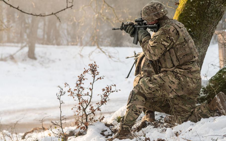 A solder from Charlie Troop, 1st Squadron, 2nd Cavalry Regiment from Vilseck, Germany, shoots during a live-fire exercise at the Baumholder Military Training Area, Baumholder, Germany, Feb. 4 , 2019. 