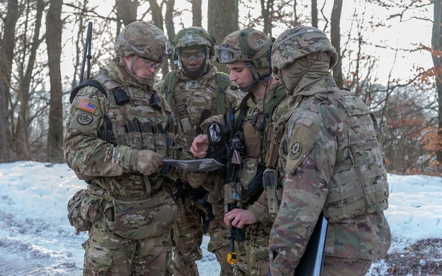 Soldiers from 1st Squadron, 2nd Cavalry Regiment from Vilseck, Germany, prepare for a situational training exercise in Area B of the Baumholder Military Training Area, Baumholder, Germany, Feb. 4 , 2019, during Operation Kriegsadler.