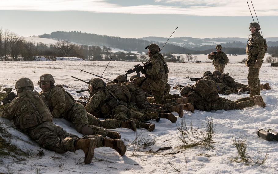 Soldiers of 1st Squadron, 2d Cavalry Regiment from Vilseck, Germany, engage during a live-fire exercise on Range 35 at the Baumholder Military Training Area, Baumholder, Germany, Feb. 4 , 2019.