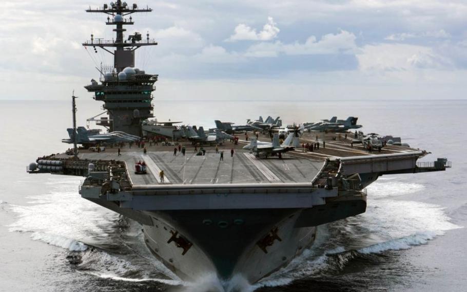 The aircraft carrier USS Carl Vinson, shown here Oct. 13, 2018, in the Pacific Ocean, is scheduled for a $34.4 million upgrade starting this year.