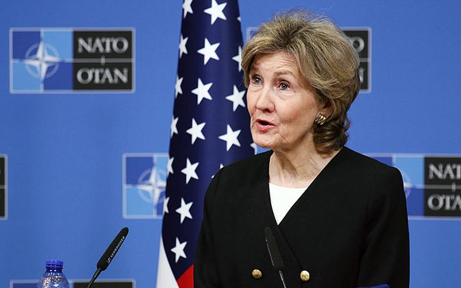 Ambassador Kay Bailey Hutchison, the U.S. permanent representative to NATO, during a news briefing in October 2018 in Brussels.