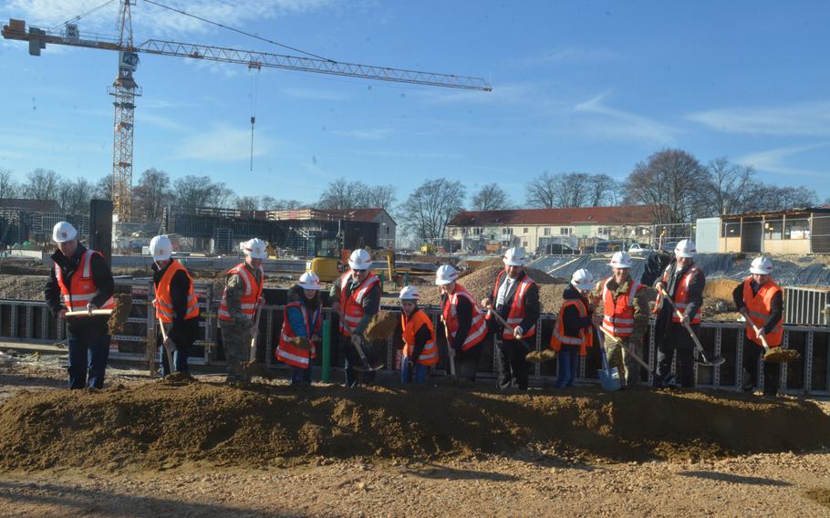 Army staff, Wiesbaden Elementary students and staff and members of the construction team officially break ground on the new elementary school slated to be finished in 2021 in Wiesbaden, Germany, on Thursday, Feb. 14, 2019.