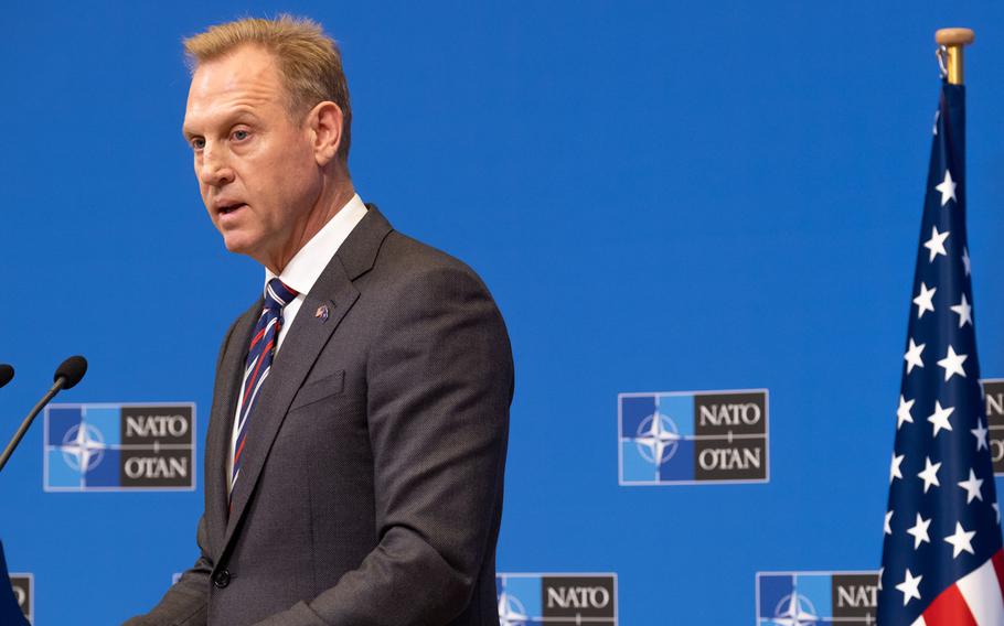 Acting Defense Secretary Pat Shanahan in a news conference on Feb. 14, 2019. On Friday, in Munich, Shanahan said he wants coalition members to expand support in fight against the Islamic State.