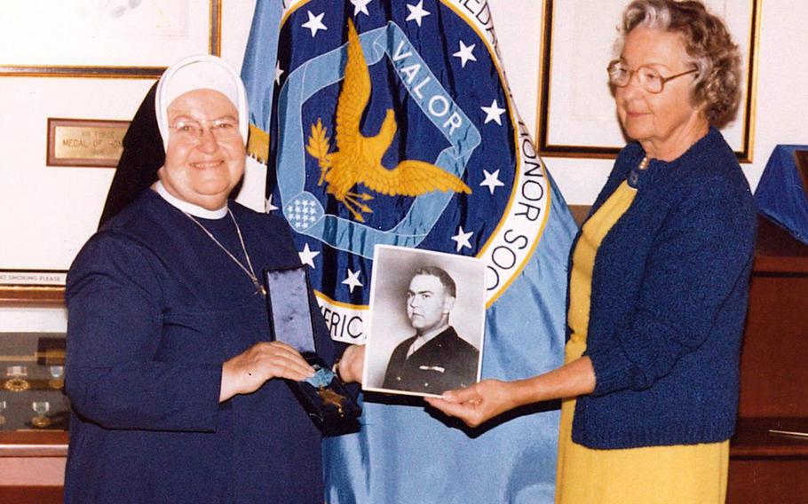 Marine Maj. Henry Courtney Jr.'s posthumous Medal of Honor was donated to the Freedoms Foundation by his sister, Elizabeth Bean, right, in 1980.