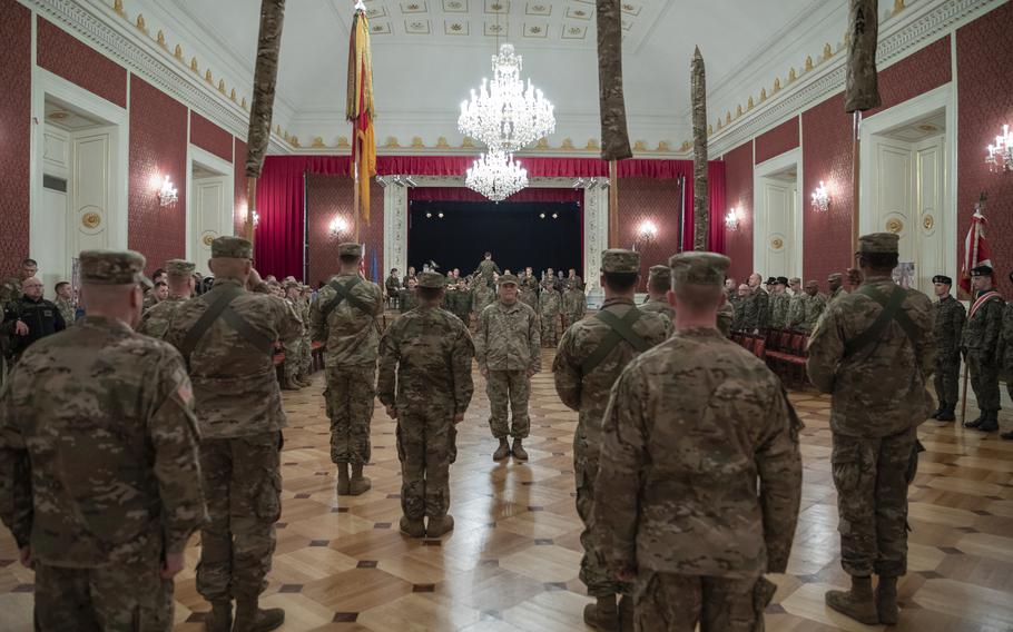 The 1st Armored Brigade Combat Team, 1st Infantry Division takes over operations from the 1st Armored Brigade Combat Team 1st Cavalry Division during a transfer of authority ceremony in Zegan, Poland, Feb 12, 2019.