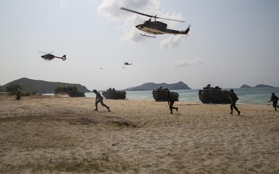 U.S., South Korean and Royal Thai Marines rehearse an amphibious assault during Cobra Gold drills at Hat Yao Beach, Thailand, Feb. 15, 2019.