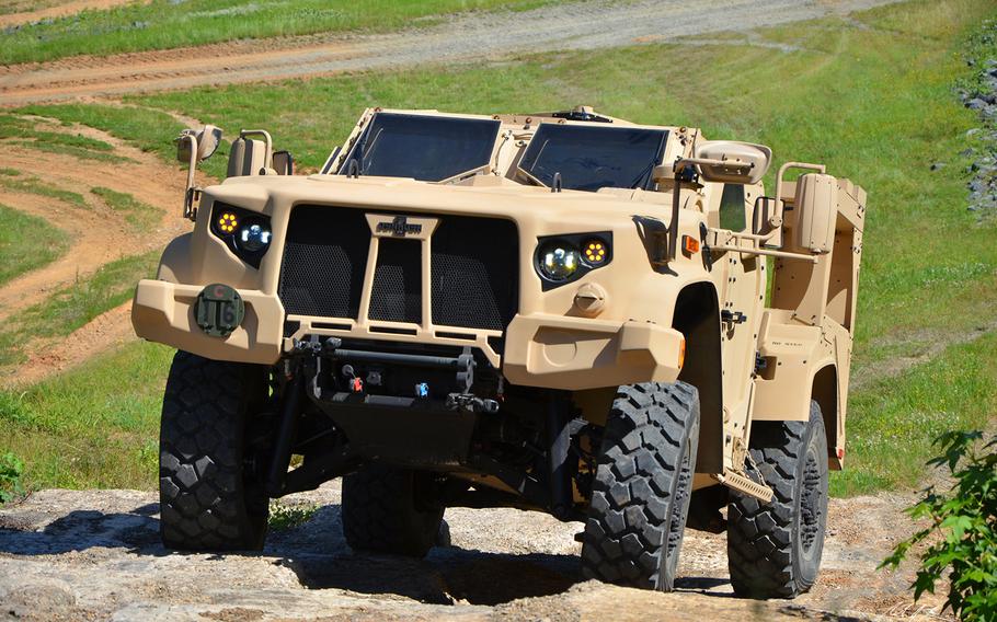 The Joint Light Tactical Vehicle climbs extreme terrain at the U.S. Marine Corps Transportation Demonstration Support Area at Marine Corps Base Quantico, Va., in March 2018.