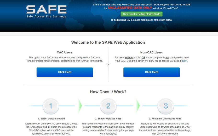 The homepage of the Army's Safe Access File Exchange application. The file-sharing site brought back online in February 13 after being shuttered over security concerns since November.