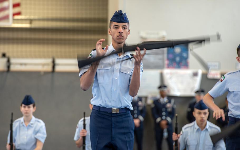 Jvid Lmatos, AFNORTH, participates in an armed execution drill competition during the DODEA-Europe JROTC drill team championships at Ramstein, Germany, Saturday, March 2, 2019. More than 100 cadets from 11 JROTC drill teams participated in the competition.