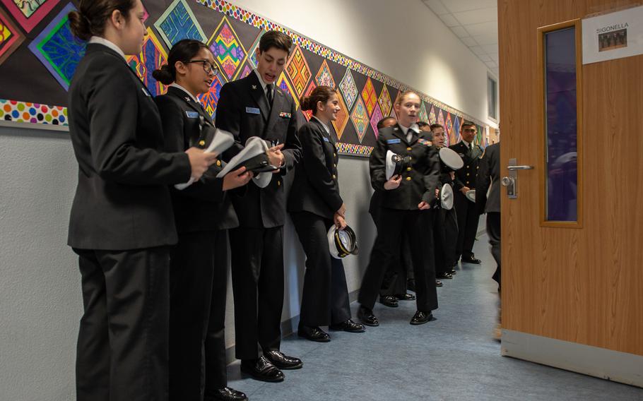 The Sigonella drill team gets ready to head to the next competition during the DODEA-Europe JROTC drill team championships at Ramstein, Germany, Saturday, March 2, 2019. More than 100 cadets from 11 JROTC drill teams participated in the competition.