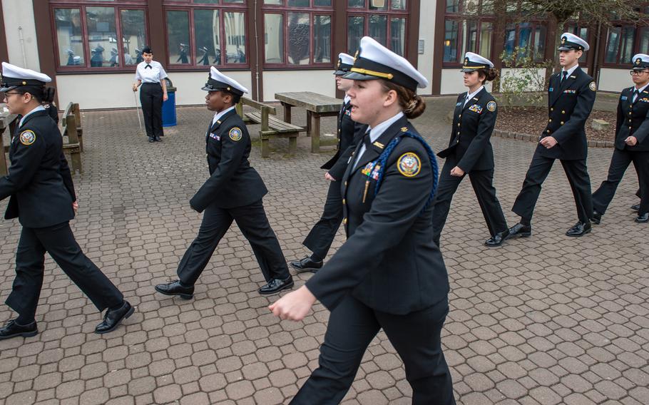 The Sigonella drill team heads to the next competition during the DODEA-Europe JROTC drill team championships at Ramstein, Germany, Saturday, March 2, 2019.