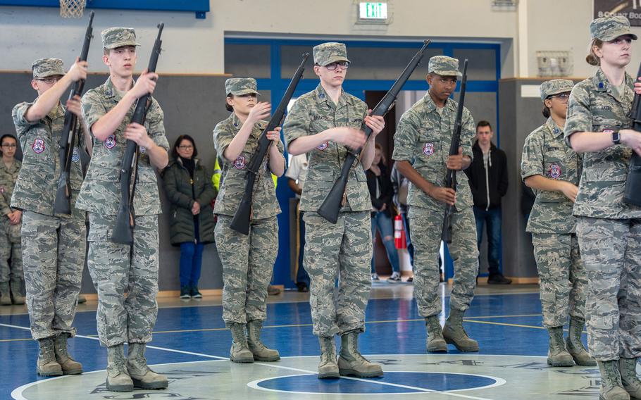 Lakenheath High School drill team participates in the armed exhibition drill competition during the DODEA-Europe JROTC drill team championships at Ramstein, Germany, Saturday, March 2, 2019. More than 100 cadets from 11 JROTC drill teams participated in the competition.