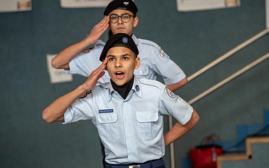 Twin brothers Edward and Andrew Collazo Borges from Ramstein High School compete in the dual-unarmed drill competition during the DODEA-Europe JROTC drill team championships at Ramstein, Germany, Saturday, March 2, 2019.