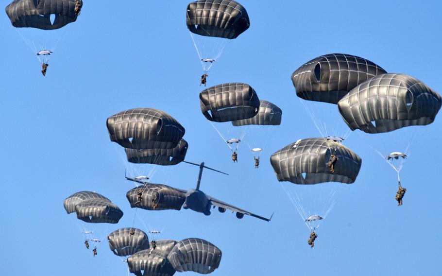 U.S. Army paratroopers conduct an airborne operation from a C17 Globemaster III during exercise Eagle Sokol at Cerklje Drop Zone in Slovenia, March 22, 2019.