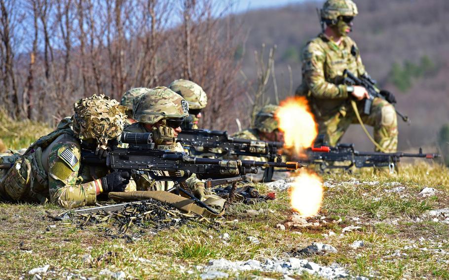 U.S. Army paratroopers assigned to 1st Battalion, 503rd Infantry Regiment, 173rd Airborne Brigade, engage the targets during a blank-fire exercise during Eagle Sokol at Pocek Range in Slovenia, March 25, 2019.