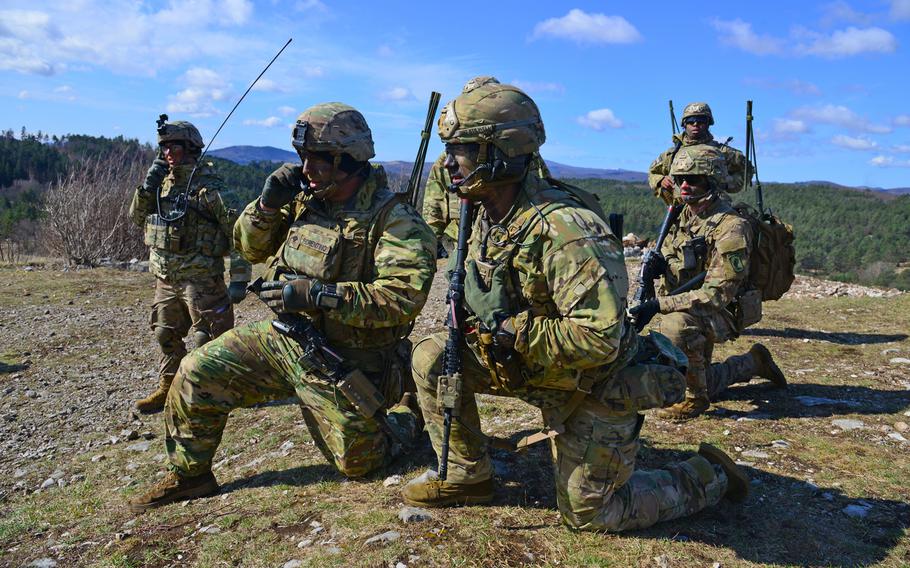 U.S. Army paratroopers assigned to 1st Battalion, 503rd Infantry Regiment, 173rd Airborne Brigade, conduct radio checks during a live-fire exercise as part of Eagle Sokol at Pocek Range in Slovenia, March 26, 2019.