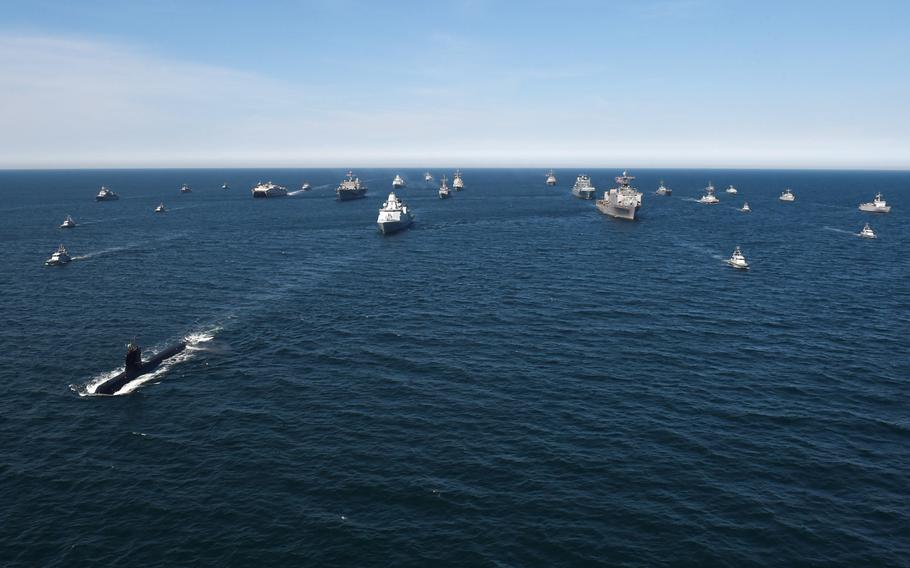 Thirty ships from 12 nations maneuver in close formation during the Baltic Operations 2018 exercise in the Baltic Sea in June 2018. The U.S. 2nd Fleet will lead the 47th annual exercise this year.