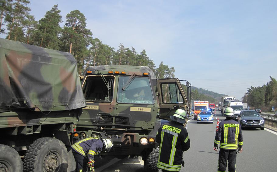 Four U.S. Army soldiers were injured Tuesday, April 2, 2019,  when one of five army vehicles driving in a convoy on autobahn A6 near Altdorf, Germany, crashed into the vehicle that was in front of it.