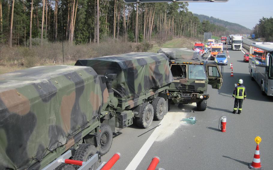 Four U.S. Army soldiers were injured Tuesday, April 2, 2019, when one of five army vehicles driving in a convoy on autobahn A6 near Altdorf, Germany, crashed into the vehicle that was in front of it.