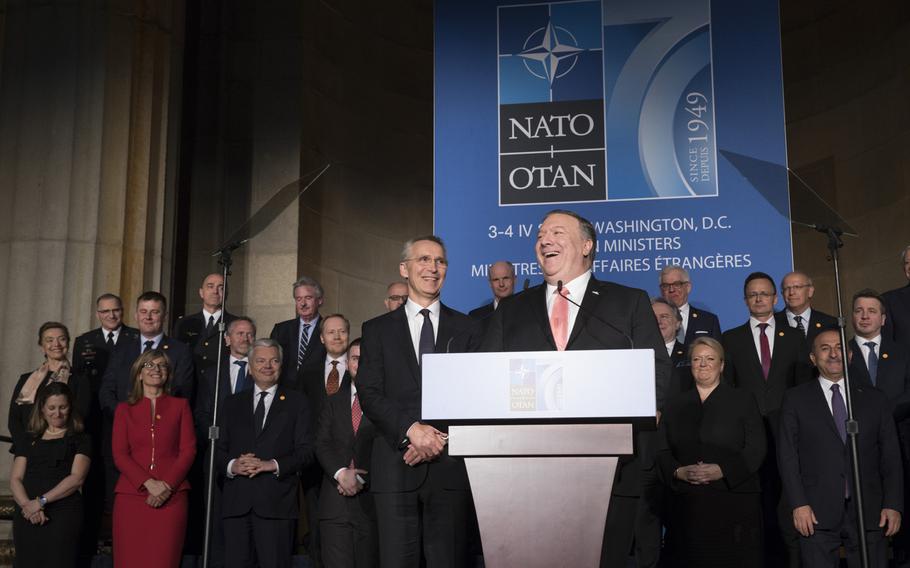 U.S. Secretary of State Mike Pompeo with NATO foreign ministers and NATO Secretary-General Jens Stoltenberg on April 3, 2019. Pompeo said the following day that China's actions will influence the alliance's future course.