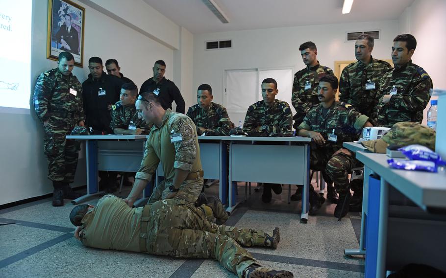 Maritime Enforcement Specialist 2nd Class Joe Kelly, a U.S. Coast Guardsman, demonstrates tactical combat casualty care during a training session at Phoenix Express on March 26, 2019.