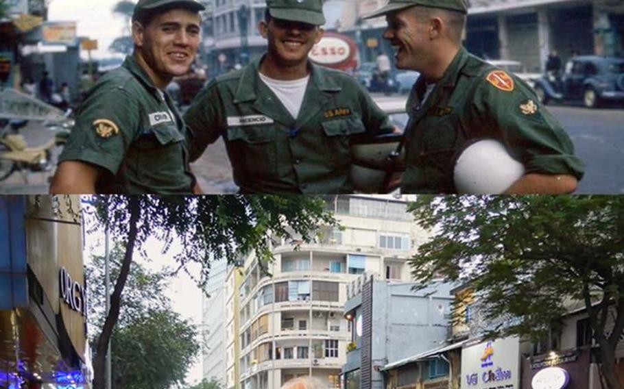 Photographs of the same street show, top, from left, Army buddies Gus Chaisson, Jim Ascencio and Ron Ware in Saigon in 1964 and, bottom, Ascencio on Jan. 3, 2018.