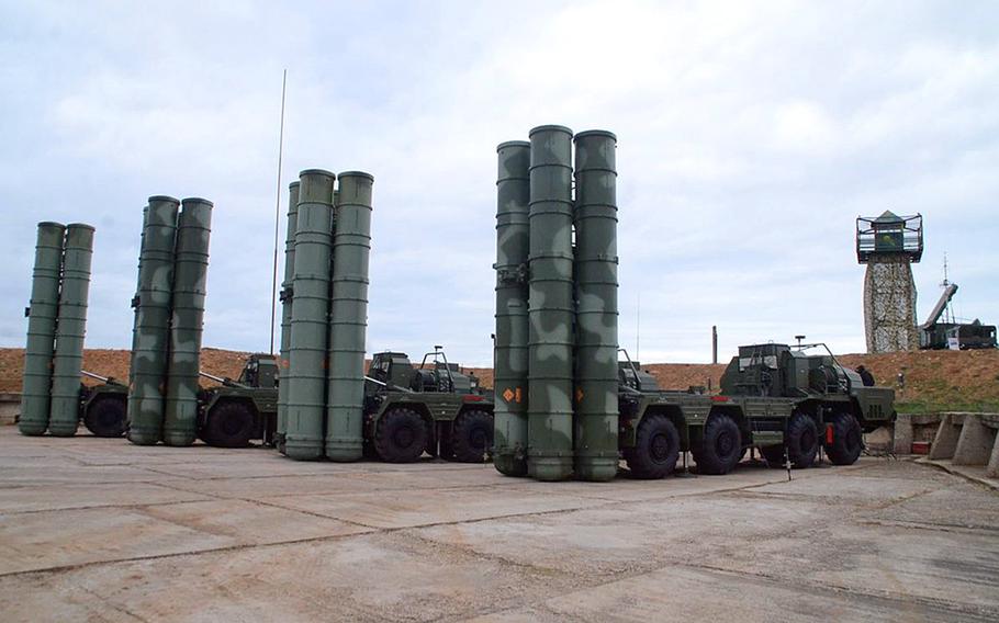 A row of Russian S-400 surface-to-air missile launchers during an exercise at Sevastopol, on the Crimean Peninsula, in 2018. Turkey's plan to buy the Russian system has caused tension with the U.S. and its NATO partners.