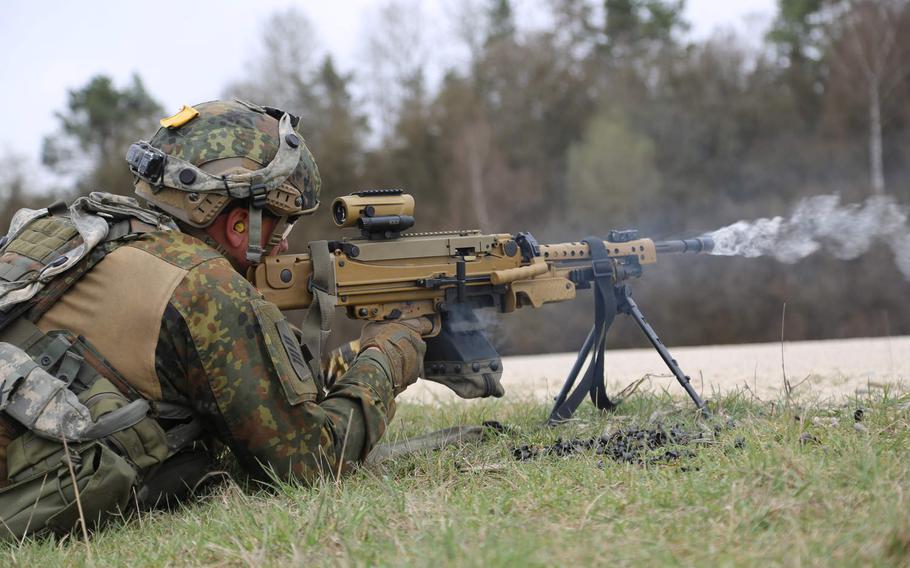 A German soldier engages opposing forces during exercise Allied Spirit X in Hohenfels, Germany, April 5, 2019.