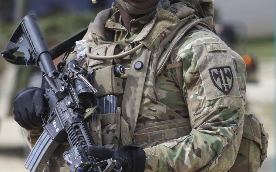 Sgt. Brittani Thompson, 92nd Military Police Company, conducts a security patrol during Allied Spirit X at the Joint Multinational Readiness Center in Hohenfels, Germany, April 7, 2019.