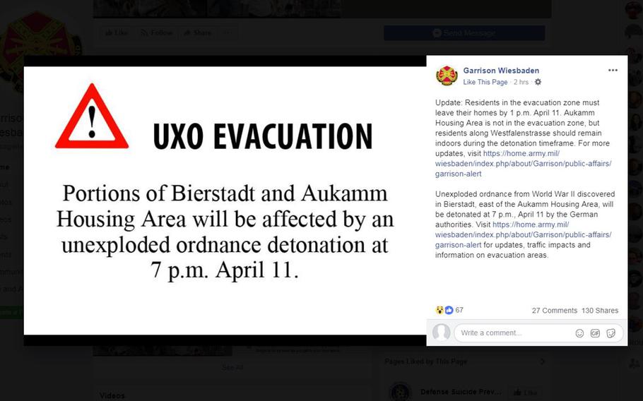 A screen shot from the Wiesbaden Army garrison Facebook page informing residents of the community's Aukamm Housing Area what they should do in preparation for the defusing of a 500-pound bomb from World War II found nearby.