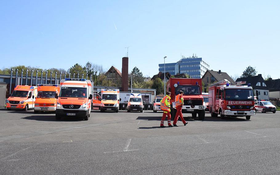 A World War II bomb discovered near military facilities in Wiesbaden, Germany, was safety removed late Thursday, April 11, 2012.  The Army garrison provided a staging area on Hainerberg for city emergency vehicles assisting with the evacuation in Bierstadt.