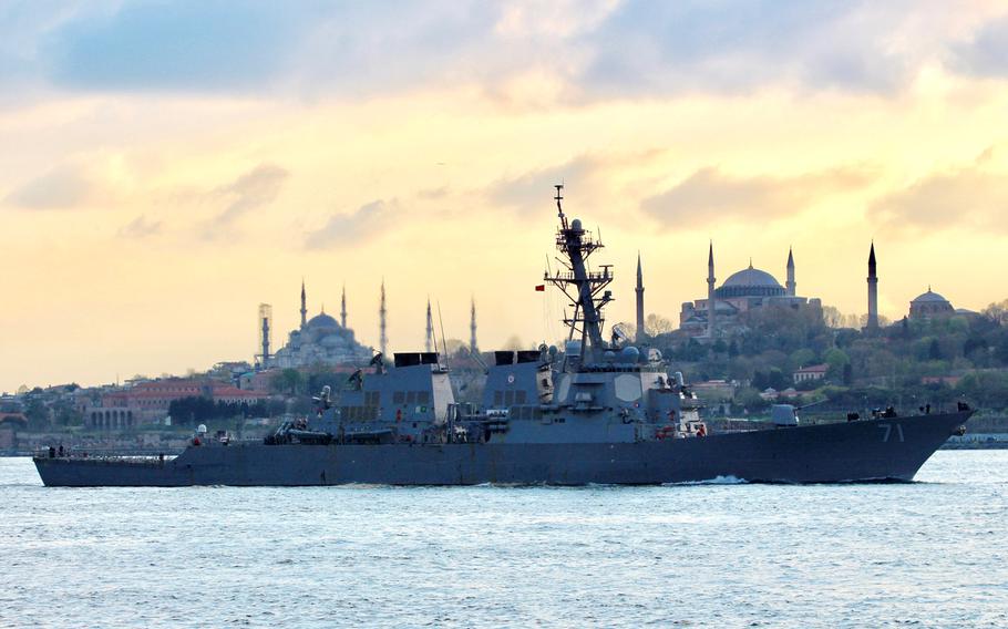 The USS Ross passes Istanbul on its way to the Black Sea on Sunday, April 14, 2019.