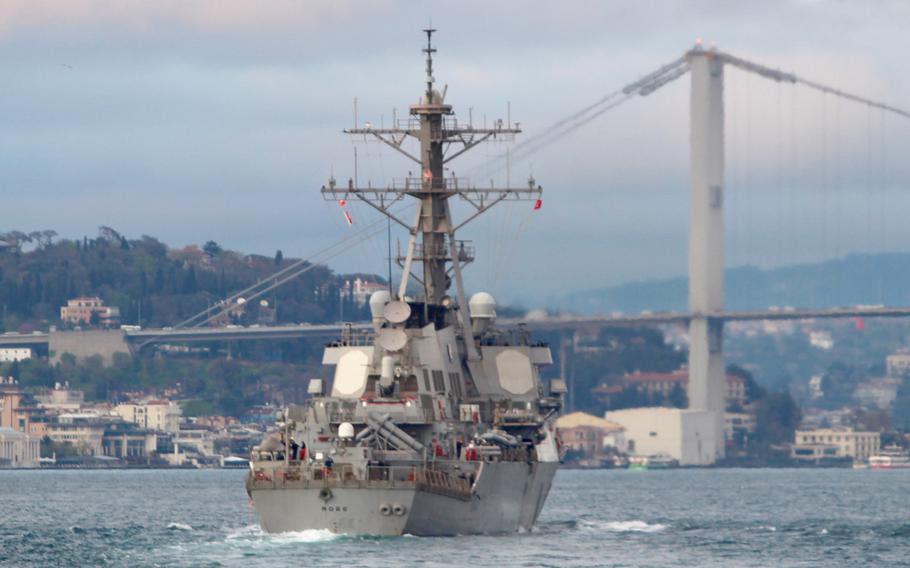 The USS Ross passes Istanbul on its way to the Black Sea on Sunday, April 14, 2019.