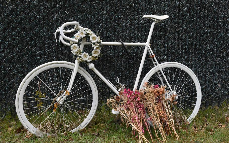 A bicycle memorial sits by the roadside outside Ramstein Air Base, Germany, near where Air Force Staff Sgt. Grant Davis died on March 26, 2016, when his bicycle was struck by a car. Senior Airman Benjamin Hann was convicted in May 2017 of negligent homicide in connection with Davis' death. An Air Force appeals court recently upheld the conviction and also upheld the airman's four-year jail sentence.