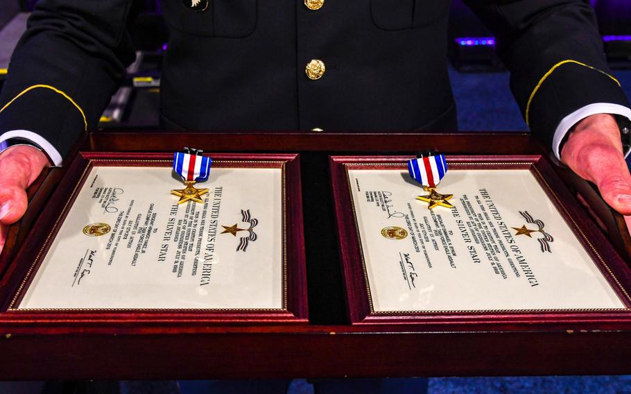 The Silver Star medal is awarded primarily to members of the U.S. armed forces for gallantry in action against an enemy of the United States. Two soldiers from Company C, 6th Battalion, 101st Combat Aviation Brigade, 101st Airborne Division, Sgt. Emmanuel Bynum and  Sgt. Armando Yanez, received medals during a ceremony held at the Army Aviation Association of America Summit 2019 in Nashville, Tenn. on Tuesday, April 16, 2019.