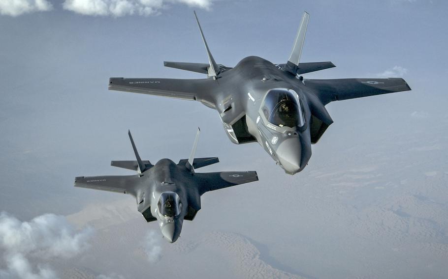 Two Marine Corps F-35B Lightning II's assigned to the Marine Fighter Attack Squadron 211 fly a combat mission over Afghanistan, Sept. 27, 2018.