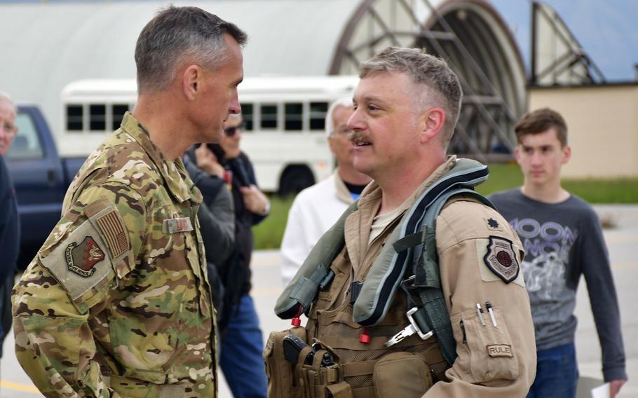 Brig. Gen. Daniel T. Lasica, Commander of the 31st Fighter Wing, greets Lt. Col. Benjamin Freeborn, the forward deployed commander of the 510th Fighter Squadron, at Aviano's airfield, April 30.