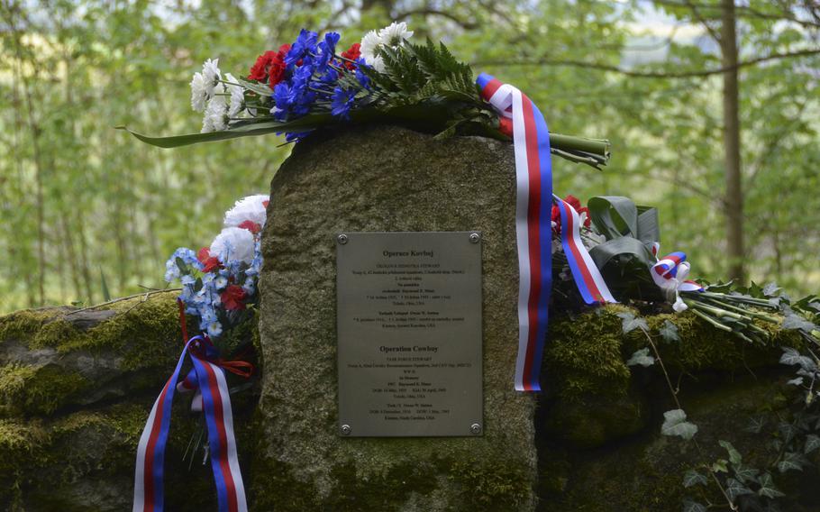 Wreaths and flower bouquets sit on the Ruzov Memorial site during the 74th anniversary of Operation Cowboy celebration at the Ruzov Memorial site, Houston, Czech Republic, on Tuesday, April 30, 2019.