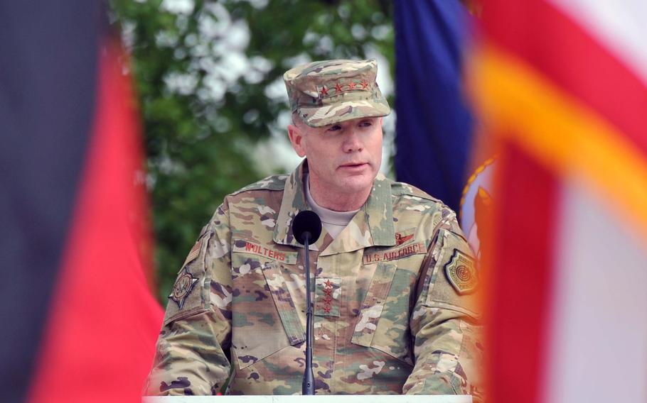 The new commander of the U.S. European Command, Air Force Gen. Tod D. Wolters, speaks at the change of command ceremony at Patch Barracks in Stuttgart, Germany, Thursday, May 2, 2019. Wolters took over the command from Scaparrotti at the ceremony.