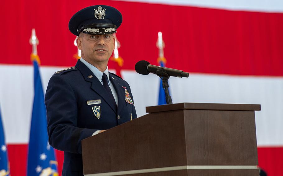 New U.S. Air Forces in Europe and Air Forces Africa Commander Gen. Jeffrey L. Harrigian speaks after taking command at a change-of-command ceremony at Ramstein Air Base, May 1, 2019.