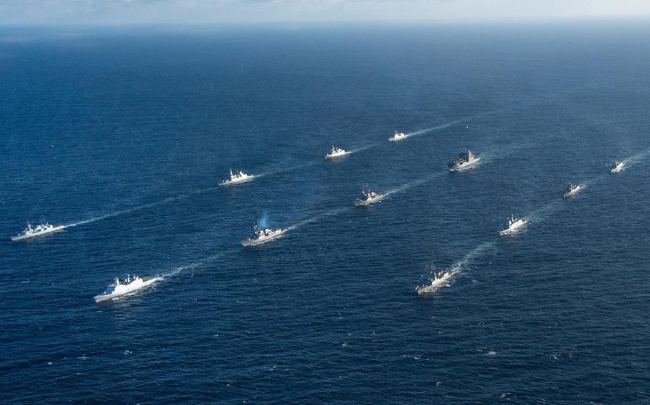 Ships steam in formation in the Atlantic Ocean on May 9, 2019, during exercise Formidable Shield. Nine nations are participating by contributing ships and aircraft, including Canada, Denmark, France, Italy, the Netherlands, Norway, Spain, the United Kingdom and the U.S.