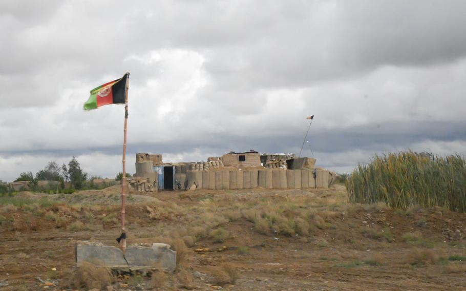 A small checkpoint guarding a highway outside Lashkar Gah, in Helmand province, April 16, 2019. Nearby this checkpoint was a Taliban flag that soldiers attempted to take down for months, but could not due to sniper fire.
