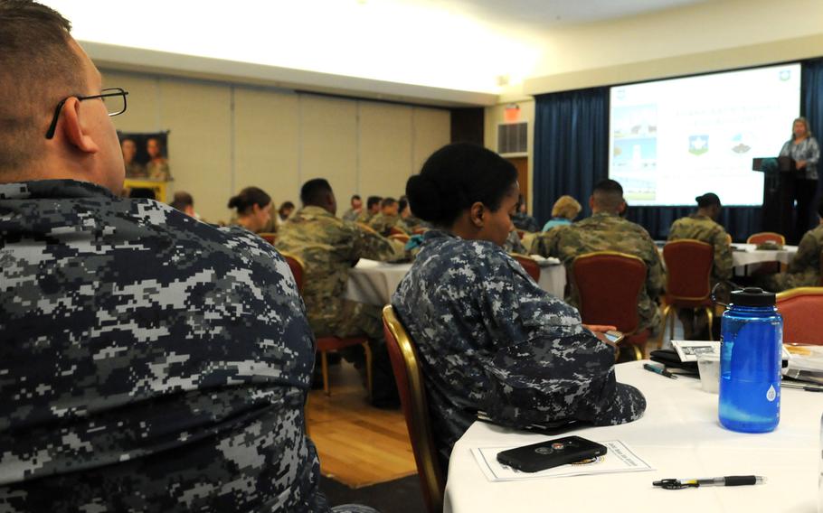 Navy victim advocates attend a Sexual Assault Prevention and Response summit with joint service SAPR and Sexual Harassment and Assault Response and Prevention leaders in San Antonio, Texas, in 2017. 