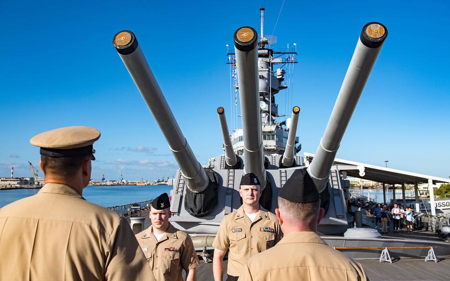 Sailors assigned to the USS Zumwalt attend an awards ceremony aboard the USS Missouri Memorial in Pearl Harbor, Hawaii, April 4, 2019.