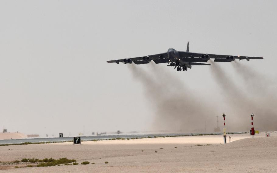 A U.S. Air Force B-52H Stratofortress aircraft assigned to the 20th Expeditionary Bomb Squadron takes off from Al Udeid Air Base, Qatar, on Sunday, May 12, 2019. This was the first mission of the Bomber Task Force deployed to U.S. Central Command area of responsibility in order to defend American forces and interests in the region.